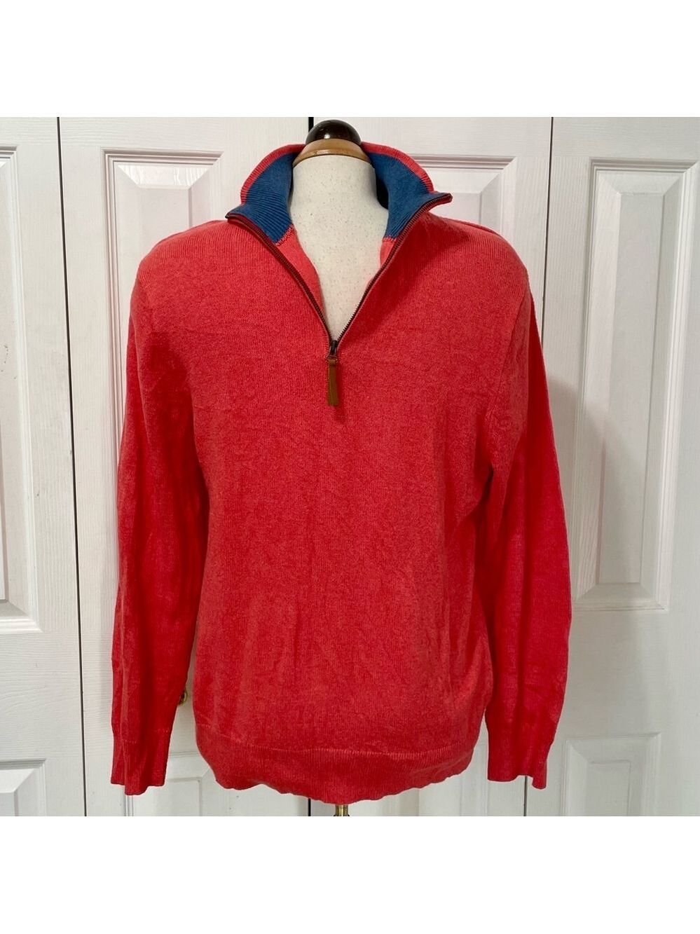 J. Crew Red 1/4 Zip-Up Sweater with Blue Collar Size Medium